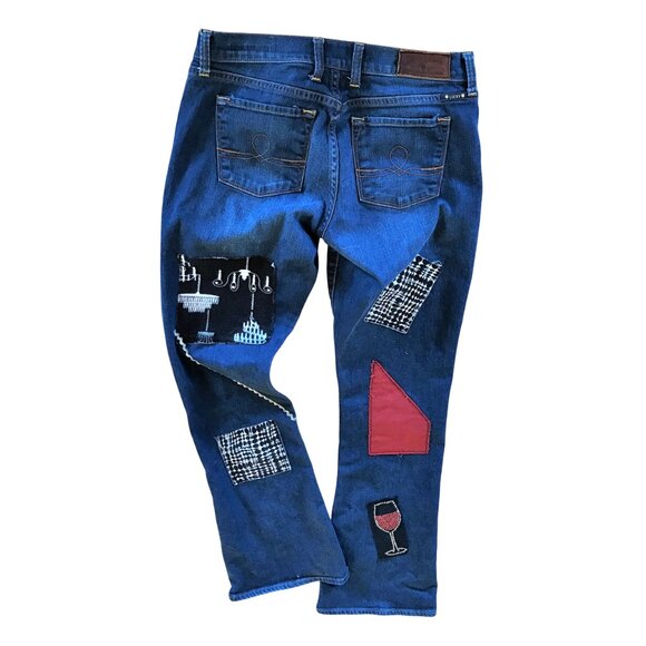 Upcycled Patchwork Jeans, Size 6 Lucky Brand: Wineglass Cityscape Design - Picture 2 of 11
